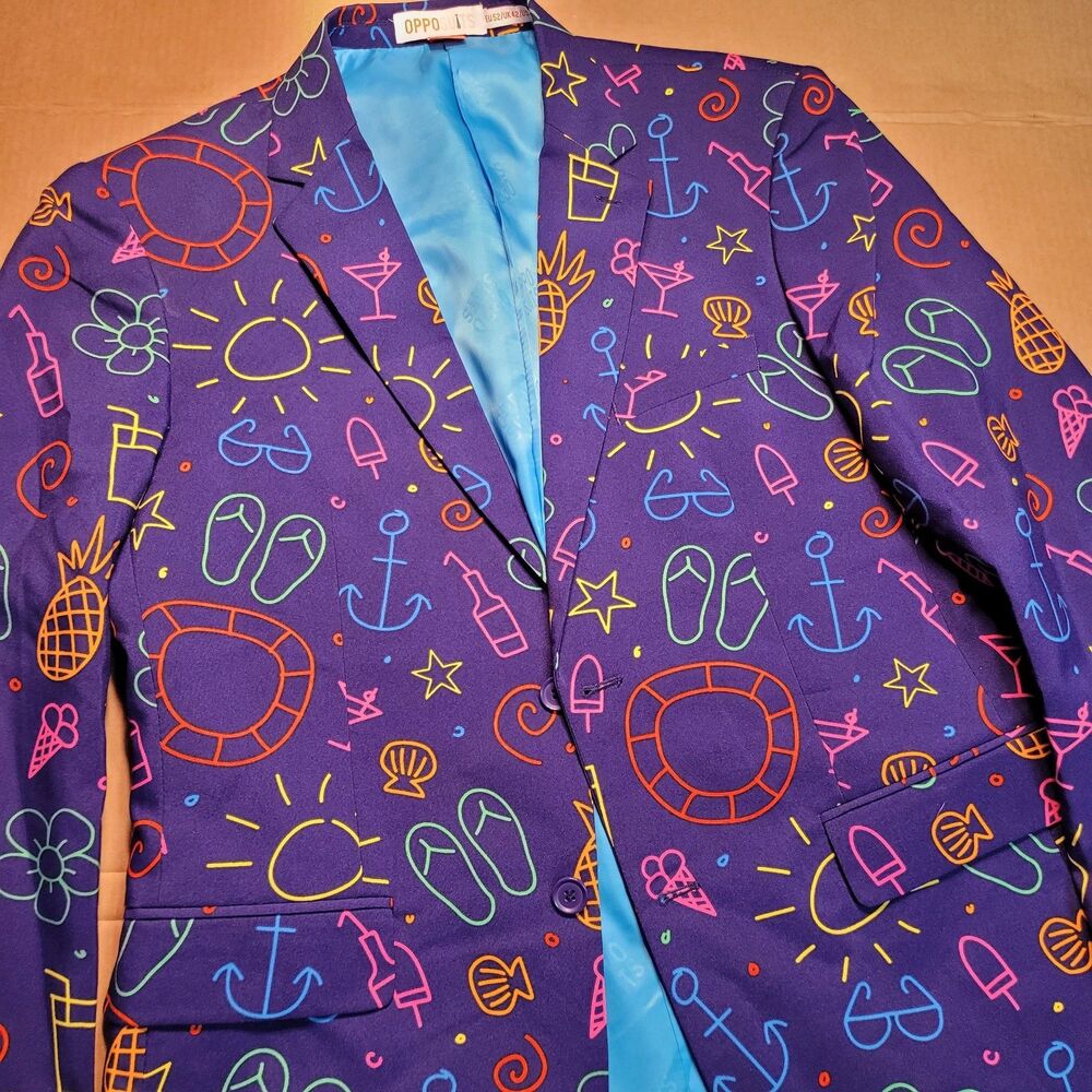 NWOT OppoSuits Doodle Dude Men’s Tropical Bazer Size 42 Party Purple Multi Color